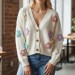 Floral Embellished Cream Cardigan